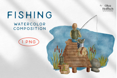 Watercolor Fisherman Clipart. Fishing on Lake Scene PNG