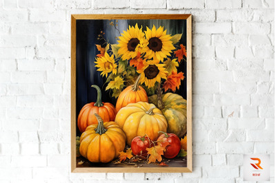 Watercolor Pumpkin &amp; Sunflowers Wall Art