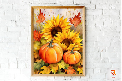 Watercolor Pumpkin &amp; Sunflowers Wall Art