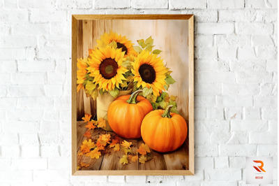 Watercolor Pumpkin &amp; Sunflowers Wall Art