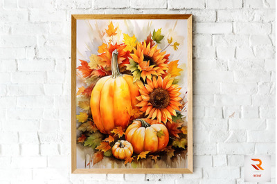 Watercolor Pumpkin &amp; Sunflowers Wall Art