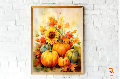 Watercolor Pumpkin &amp; Sunflowers Wall Art