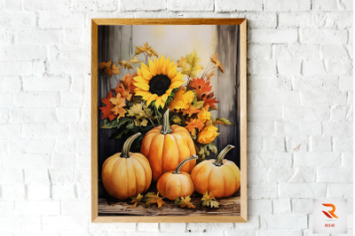 Watercolor Pumpkin &amp; Sunflowers Wall Art