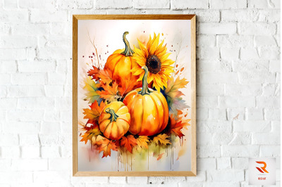 Watercolor Pumpkin &amp; Sunflowers Wall Art