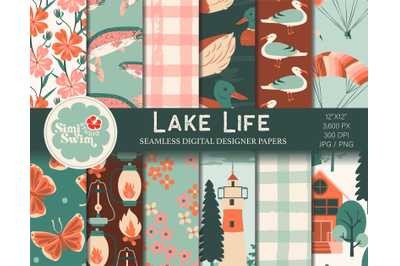 Lake Life Color Digital Papers, Boho Lake Pattern Bundle, Water Sports