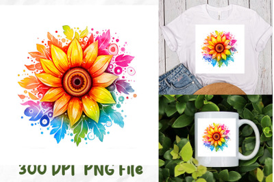 Rainbow Hippie Retro Sunflower