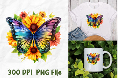 Rainbow Hippie Retro Butterfly Sunflower