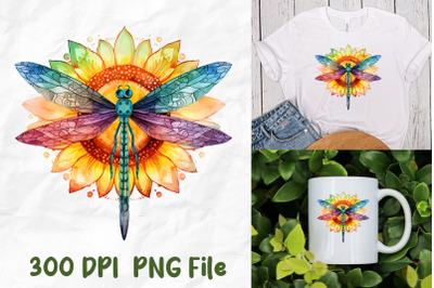 Rainbow Hippie Retro Dragonfly Sunflower