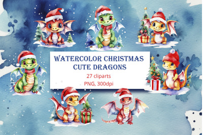 Watercolor Christmas Cute Dragons