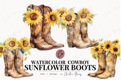 Watercolor Sunflower Cowboy Boots Clipart