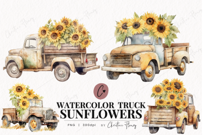 Watercolor Sunflower Trucks Clipart