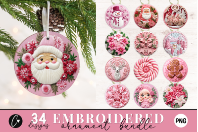 3D Embroidered Pink Christmas Ornaments