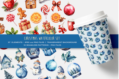 Christmas watercolor prints, seamless patterns and elements