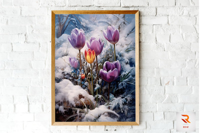 Purple Flower Blooming In Snow Wall Art