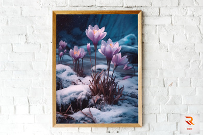 Purple Flower Blooming In Snow Wall Art