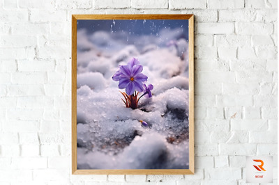 Purple Flower Blooming In Snow Wall Art