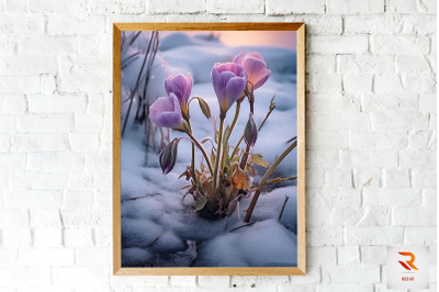 Purple Flower Blooming In Snow Wall Art