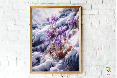 Purple Flower Blooming In Snow Wall Art