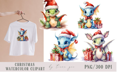 Cute Christmas dragons with gift box clipart- 4 png files