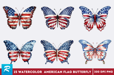 Patriotic American Flag Butterfly Clipart Bundle