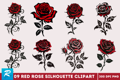 Red Rose Silhouette Clipart Bundle