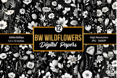 Black &amp; White Wildflowers Pattern Digital Papers