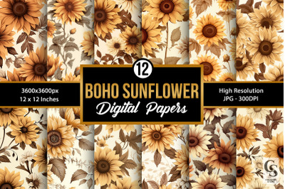 Boho Sunflowers Pattern Digital Papers