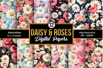 Daisy and Roses Floral Digital Papers