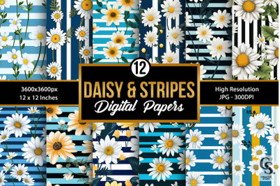 Daisy &amp; Stripes Floral Digital Paper Patterns