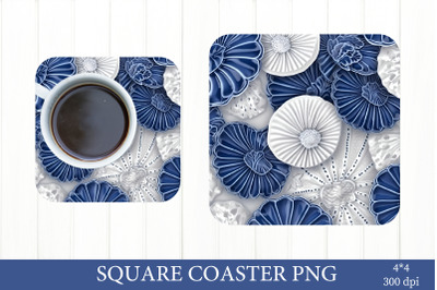 Blue and White Coaster PNG. Shells Coaster Sublimation