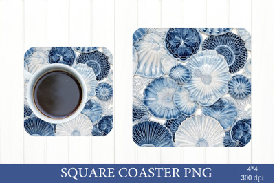 Blue and White Coaster PNG. Sea Shells Coaster Sublimation