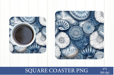 Sea Shell Square Coaster Sublimation. Blue and White Coaster
