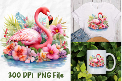 Pink Flamingo Swimming Tropical Forest