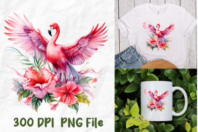 Pink Flamingo Spread Wings Fly Flower