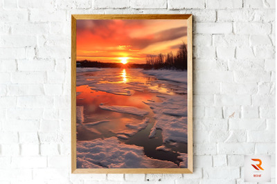 Red Snow Reflects Off A Frozen Lake