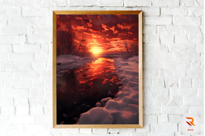 Red Snow Reflects Off A Frozen Lake