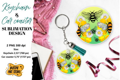 Bee Keychain sublimation. Bee Car coaster sublimation.