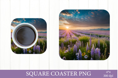 Landscape Square Coaster. Meadow Flowers Sublimation PNG