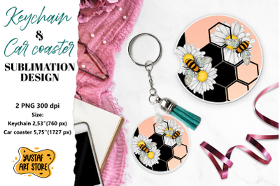 Bee Keychain sublimation. Bee Car coaster sublimation.