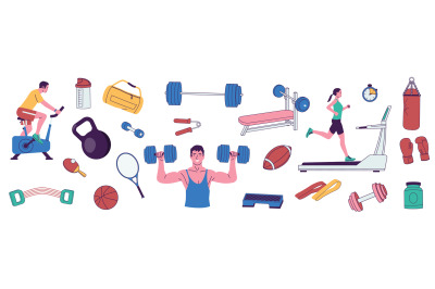 Fitness people with equipment set. Cartoon sport persons with barbell