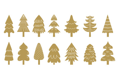 Golden christmas tree icons of collection for holiday