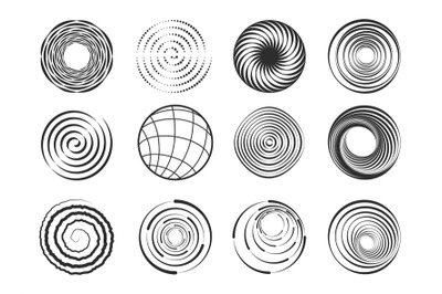 Spiral shapes. Abstract swirl geometric figures, modern wavy circle sp