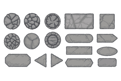 Stone menu buttons. Medieval cracked border UI elements, old granite b