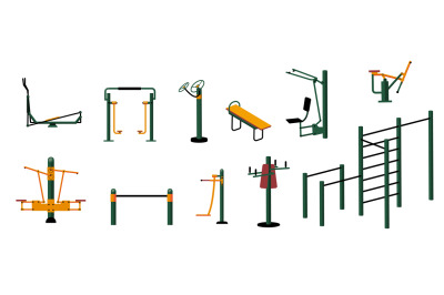 Street workout constructor. Cartoon city zone with gym equipment, outd