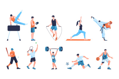 Sports people set. Cartoon characters training in gym, man and woman w