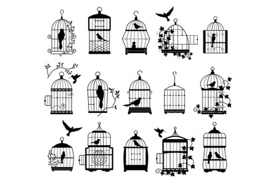 Bird cages with birds silhouettes. Black wall decals with flying birds