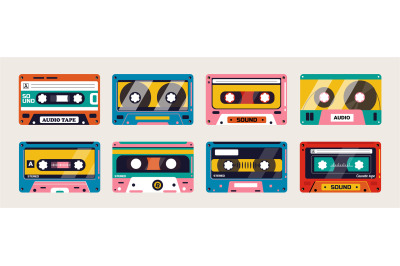 Colorful tape cassette. Vintage analog audio tape with magnetic label,