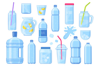 Cartoon water package set. Glass bottles and plastic containers with c