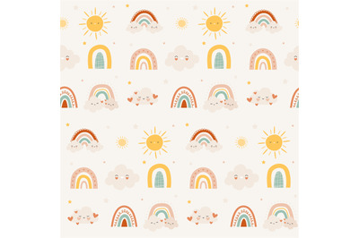 Cute rainbow sun pattern. Seamless print of childish abstract happy el