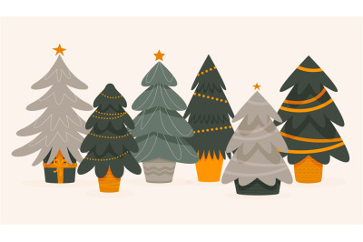 Christmas trees in pots. Cartoon green fir trees decorated with bauble